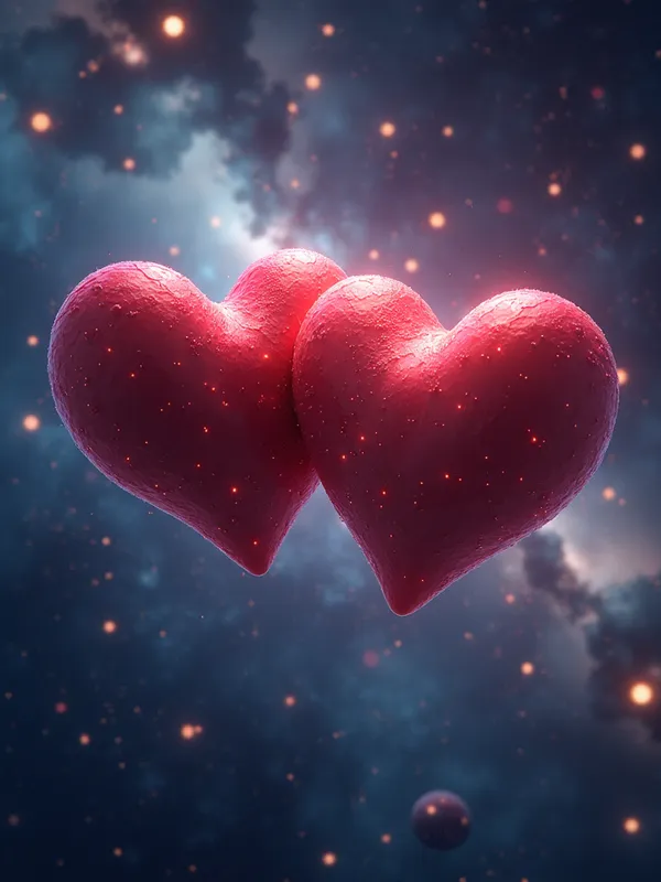 Infinite Love Odyssey - An artistic portrayal of two love hearts floating together in space, navigating past different galaxies, illustrating the boundless nature of eternal love. - AI image generated with Photorealistic 2