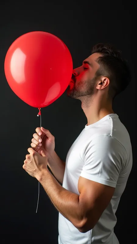 Inflating Perfection - /imagine prompt: hyper-realistic studio photo, athletic man (~30 yrs) in a snug white T-shirt, **mouth open around the balloon’s neck, cheeks puffed as he EXHALES air, balloon visibly swelling**. Hands grip the balloon’s sides for stability; glossy red 18-inch latex balloon stretching under pressure, subtle stretch lines. Eyes focused forward, throat muscles tightened from blowing. Frozen by high-speed flash—no motion blur on face, slight blur on balloon surface to show expansion. Three-point lighting (key camera-left, soft fill, crisp rim outlining balloon curve and forearms), neutral black backdrop, shallow DOF (Sony α7R IV, 85 mm f/2.8, ISO 100). Cinematic realism, vivid yet natural colours, ultra-sharp detail, no text or watermark. --ar 2:3 --v 5 --style raw
Negative prompt: kissing, puckered lips, romantic expression, touching balloon with nose, deflated balloon, blurry, low-res, distorted anatomy, extra limbs, watermark, text, logo
- AI image generated with Photorealistic 2