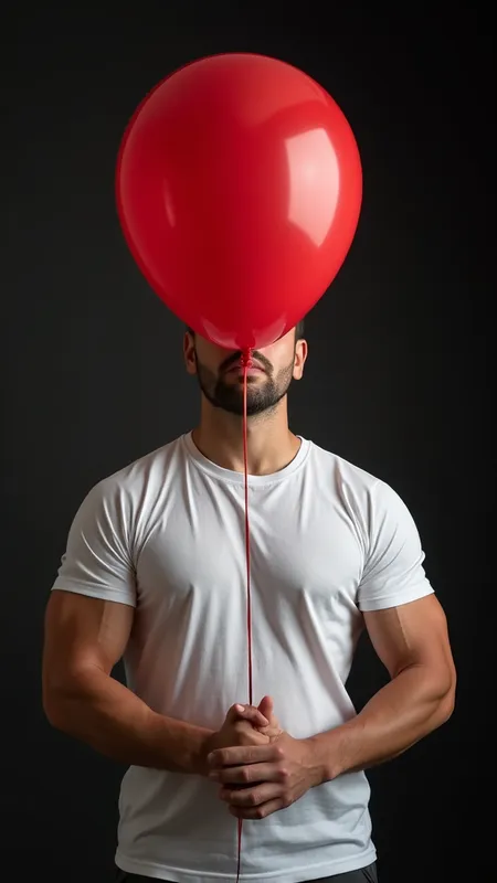 Inflating Perfection - /imagine prompt: hyper-realistic studio photo, athletic man (~30 yrs) in a snug white T-shirt, **mouth open around the balloon’s neck, cheeks puffed as he EXHALES air, balloon visibly swelling**. Hands grip the balloon’s sides for stability; glossy red 18-inch latex balloon stretching under pressure, subtle stretch lines. Eyes focused forward, throat muscles tightened from blowing. Frozen by high-speed flash—no motion blur on face, slight blur on balloon surface to show expansion. Three-point lighting (key camera-left, soft fill, crisp rim outlining balloon curve and forearms), neutral black backdrop, shallow DOF (Sony α7R IV, 85 mm f/2.8, ISO 100). Cinematic realism, vivid yet natural colours, ultra-sharp detail, no text or watermark. --ar 2:3 --v 5 --style raw

Negative prompt: kissing, puckered lips, romantic expression, touching balloon with nose, deflated balloon, blurry, low-res, distorted anatomy, extra limbs, watermark, text, logo
 - AI image generated with Photorealistic 2