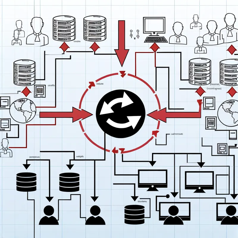 Info System Visualization - Create an image that visually represents an information system. The image should include elements like data input, processing, storage, and output. Show various components such as databases, computers, networks, and users interacting with the system. The flow of information should be depicted with arrows and icons, illustrating the exchange of data between different parts of the system. The overall concept should reflect how information systems manage and process data in a structured and efficient way, with a clean and professional design - AI image generated with Art