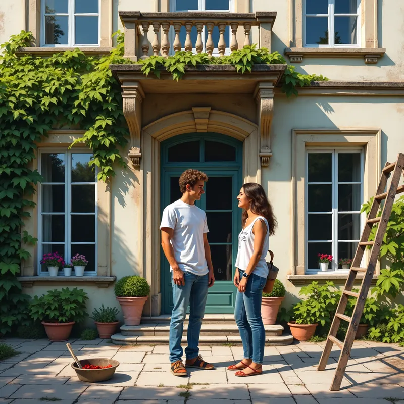 Inherited Treasure - An artistic portrayal of a young couple, both 35, in a lively conversation in front of their newly inherited city villa. The villa features classic architecture with overgrown ivy and weathered paint, indicating the need for a new facade. Surrounding them are painters' tools and a ladder, indicating the beginning of their renovation journey. - AI image generated with Photorealistic 2