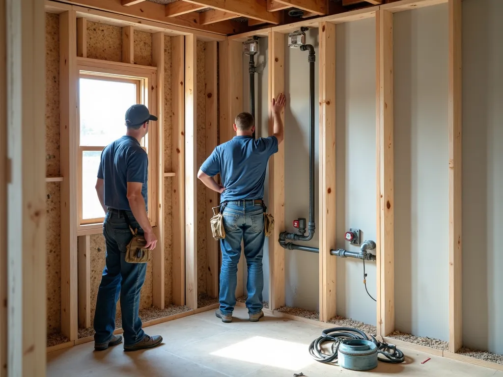 Initial Plumbing - Technicians installing plumbing pipes in a partially constructed house. Walls without drywall, pipes exposed, and a clutter of plumbing tools and materials. - AI image generated with Photorealistic 2 - photorealistic
