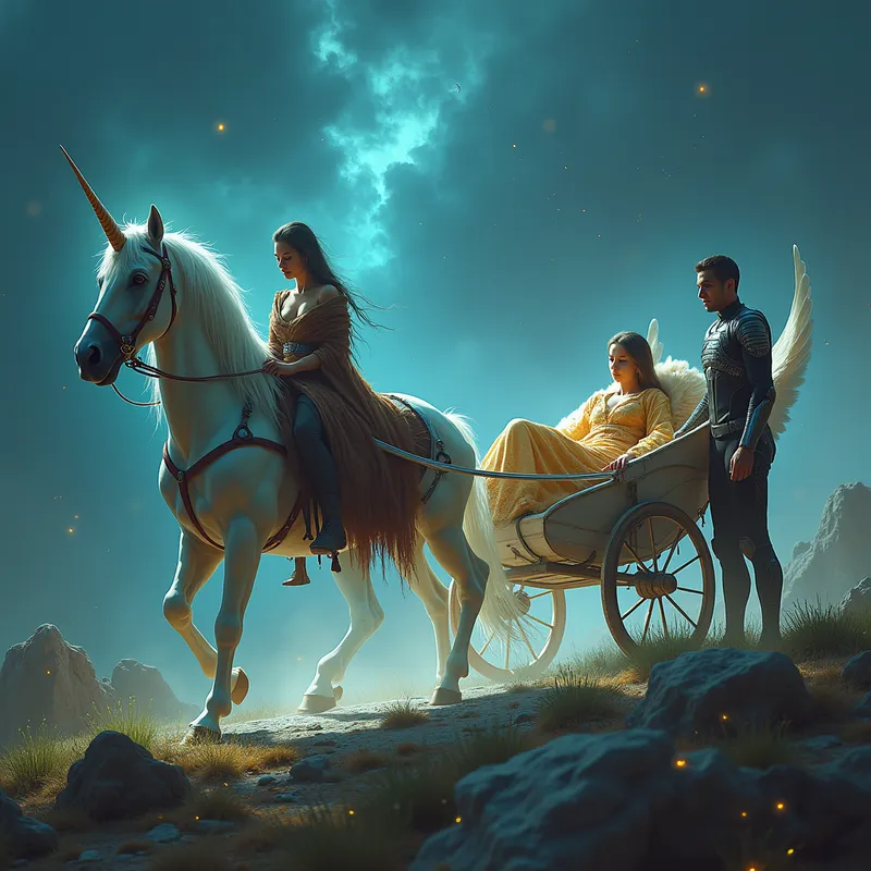 Injured Healer's Journey - Visualize a mystical scene with a futuristic travois gliding over luminous ground, pulled by a Heno—a specter of horse with a spiraled unicorn horn, feathered Pegasus wings, and the rugged demeanor of a wild mustang. On the travois, an injured woman wrapped in animal skins and dressed in a radiant night gown lies unconscious. At her side, a vigilant man clad in a streamlined leotard and high-tech armor gently guides the Heno through a surreal, glowing wilderness. - AI image generated with Flux