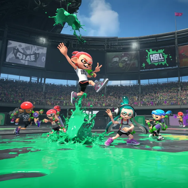 Inkling Battle Arena - An intense Inkling battle arena where teams compete in a high-stakes ink-splattering competition, with cheering crowds and dynamic action. - AI image generated with Imagen 3 - cartoony