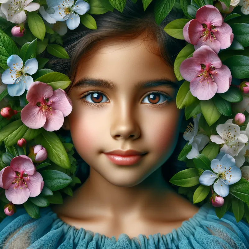 Innocence of Nature - A close-up of a girl surrounded by blooming flowers and greenery, exuding a sense of purity and harmony with the natural world, emphasizing the beauty of youth. - AI image generated with Art