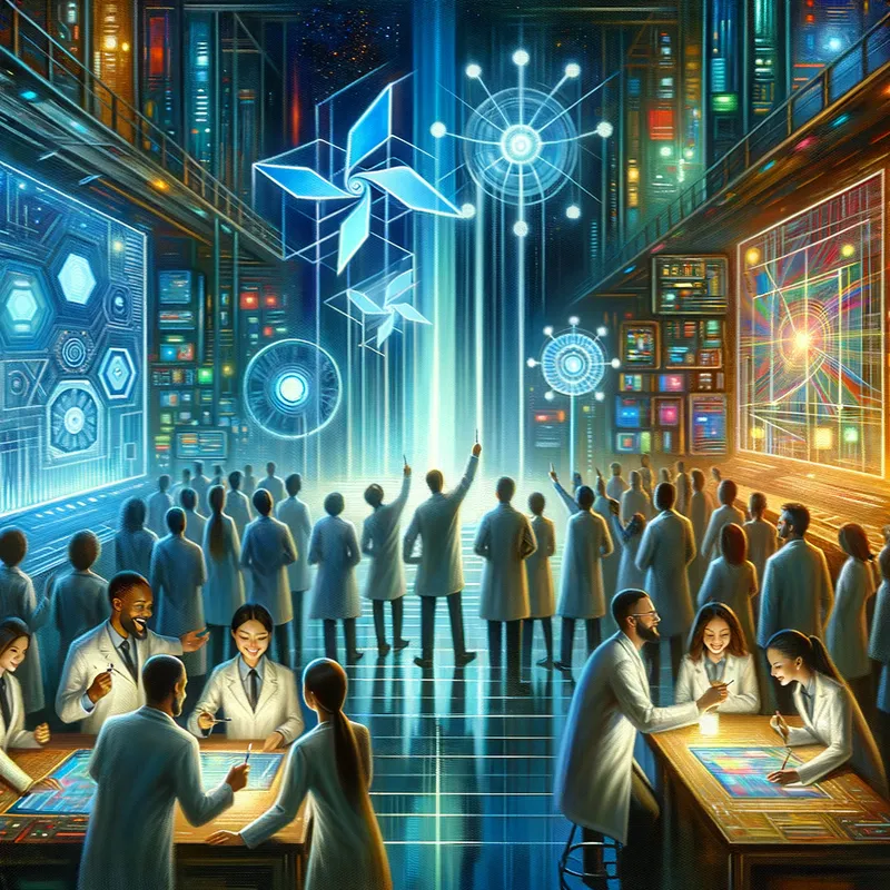 Innovative Breakthrough - A futuristic scene in a high-tech lab where a group of diverse scientists are celebrating their latest groundbreaking invention. The room is filled with cutting-edge technology, holographic displays, and the bright, hopeful faces of the team members. - AI image generated with Art - night lighting, fantasy art, Pablo Picasso