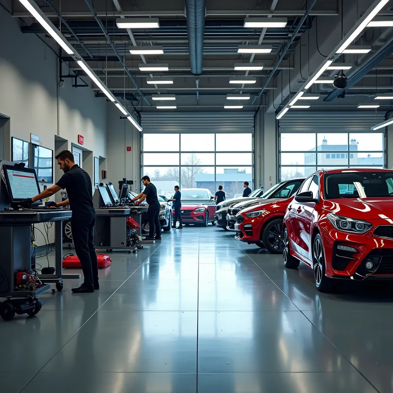 Innovative Kia Mechanics Workshop - A modern workshop specializing in Kia vehicles, showcasing several Kia cars being serviced. The space is filled with advanced tools, digital diagnostic screens, and proficient mechanics working systematically, reflecting the epitome of modern car repair. - AI image generated with Photorealistic 2