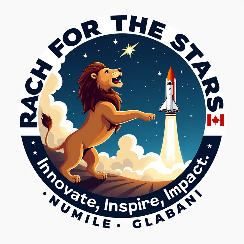 Innovative Lions Leadership Logo 1 - A dynamic logo featuring a lion reaching for the stars, with a Saturn 5 rocket launching in the background. Emphasize the theme 'Reach for the Stars: Innovate, Inspire, Impact' with a modern and inspiring design. Include elements representing both USA and Canada, and the location Huntsville, Alabama. - AI image generated with Text
