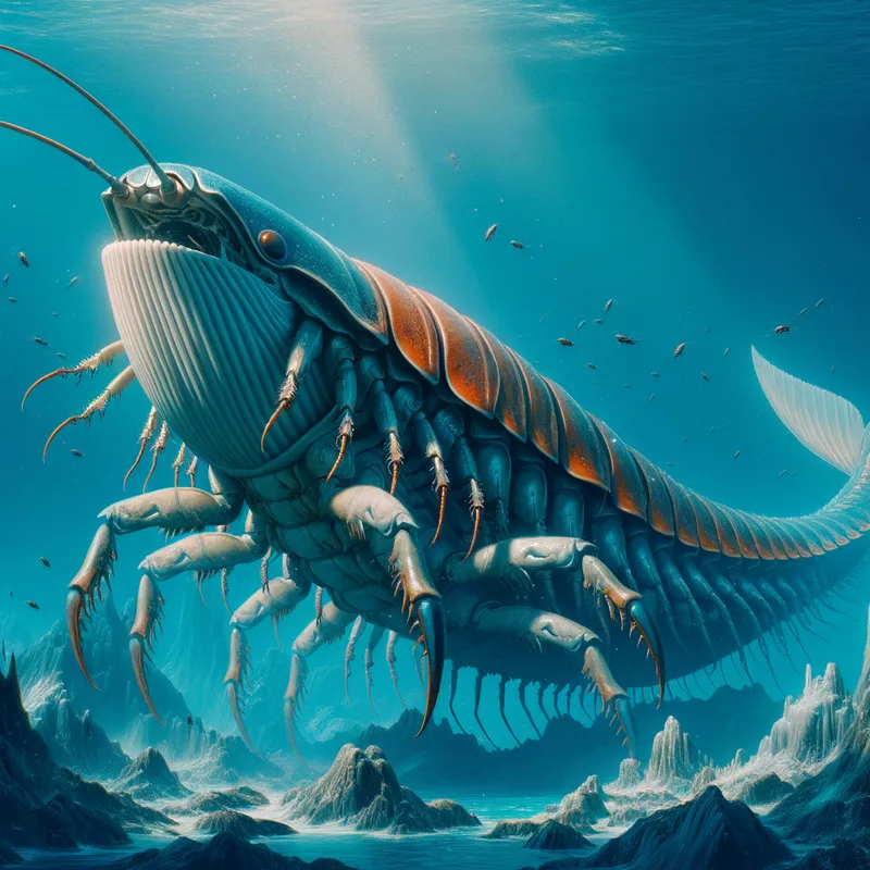 Insectoid Leviathan - A titanic hybrid creature with the body of a whale, covered in the segmented shell of a cockroach, roaming the abyssal depths. - AI image generated with Art