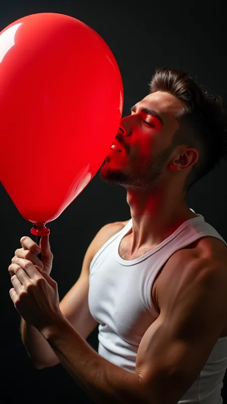 Intense Balloon Inflation Studio Shot - Ultra-detailed, photo-realistic studio shot of a handsome, well-built man in a fitted white tank top, cheeks puffed and eyes focused as he inflates a glossy red 16-inch latex balloon by mouth. His hands stretch the balloon’s neck; forearm veins subtly visible, conveying effort and anticipation. Dramatic three-point lighting with a soft rim light outlining the expanding balloon and the man’s muscular silhouette; rich contrast and crisp highlights. Shot on a Sony α7R IV with an 85 mm prime lens at f/2.8, ISO 100, shallow depth of field, bokeh background fading into darkness. High-resolution, cinematic atmosphere, vibrant yet natural colors, no text or watermark. --ar 3:4 --v 5

Negative prompt: blurry, low-res, overexposed, underexposed, distorted anatomy, extra limbs, watermark, text, logo
 - AI image generated with Photorealistic 2