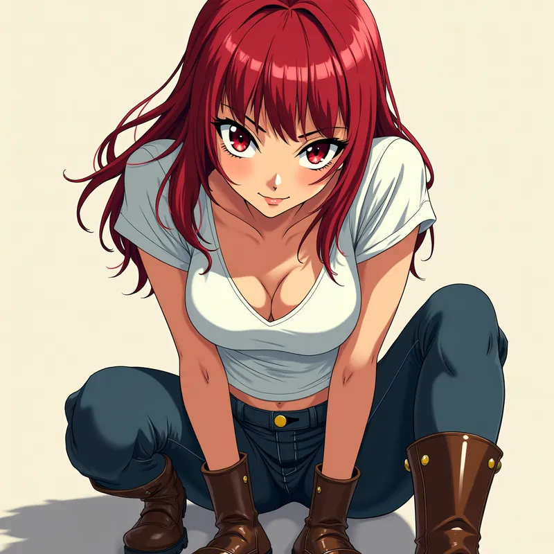 Intense Red Cyborg Beauty - A beautiful, intense-looking cyborg girl rendered in colorful anime style, featuring deep red eyes and cherry red straight hair. She is wearing a white plunging neckline t-shirt, slim dark jeans, and sleek brown leather gloves and riding boots that stop just below the knee. The girl leans forward seductively, making direct eye contact, styled with dramatic manga influences from Hokuto no Ken and Dragon Ball Z. - AI image generated with Photorealistic 2