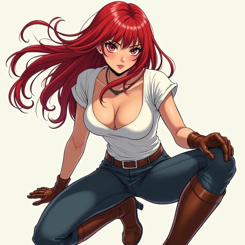 Intense Red-Haired Cyborg Girl - Illustrate a captivating, stylish cyborg girl in color manga style with intense red eyes and flowing, straight red hair. She wears a white t-shirt with a deep neckline, form-fitting dark jeans, brown leather gloves, and knee-high smooth brown equestrian boots. She leans forward, looking at the viewer with a seductive and authoritative aura, channeling Hokuto no Ken and Dragon Ball Z influences. - AI image generated with Photorealistic 2