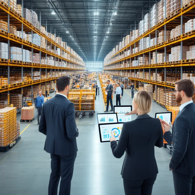 Intense Warehouse Meeting Amid Overstock - A bustling warehouse filled with overstocked shelves and a congested conveyor belt. Warehouse operators are actively managing the flow, while concerned executives stand nearby, engaged in a tense meeting. They are viewing low sales charts on tablets and discussing strategies. The atmosphere is intense, reflecting the pressure of the situation.