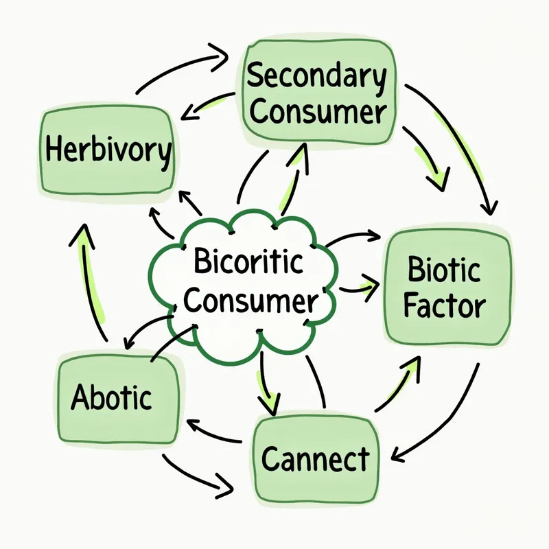 Interaction Web in Ecosystem - An ecosystem interaction map using text boxes with words such as 'Herbivory', 'Secondary Consumer', 'Biotic Factor', and 'Abiotic Factor'. The lines connecting these boxes illustrate the dynamic interactions and dependencies within an ecosystem. - AI image generated with Text