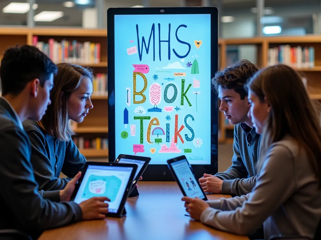 Interactive Book Talks - An interactive digital sign in a futuristic school library displaying 'WHHS Book Talks'. The sign is surrounded by tablets and e-readers, with students participating in a digital book talk session. - AI image generated with Photorealistic 2