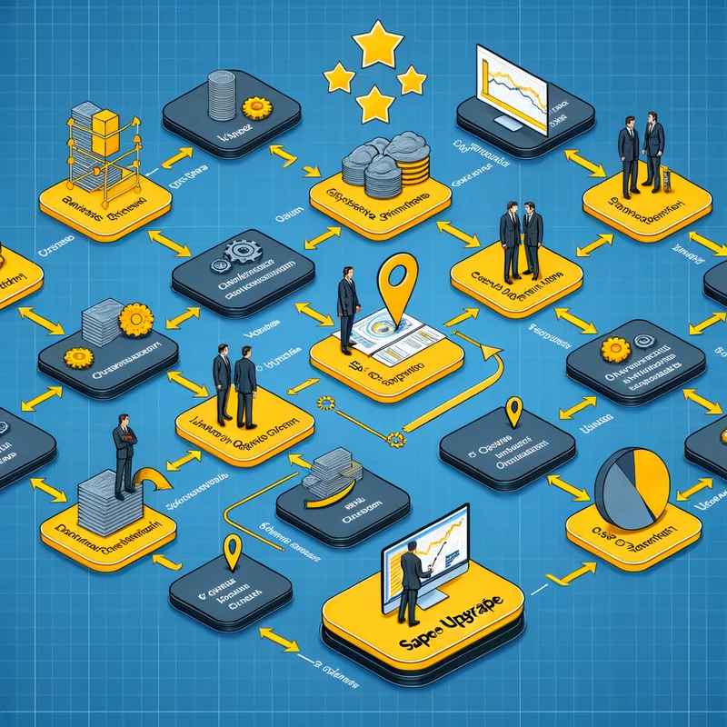 Interactive SAP Upgrade Process Map - An interactive process map demonstrating the flow of activities required for a successful SAP version upgrade, with annotations on best practices and common challenges. - AI image generated with Art