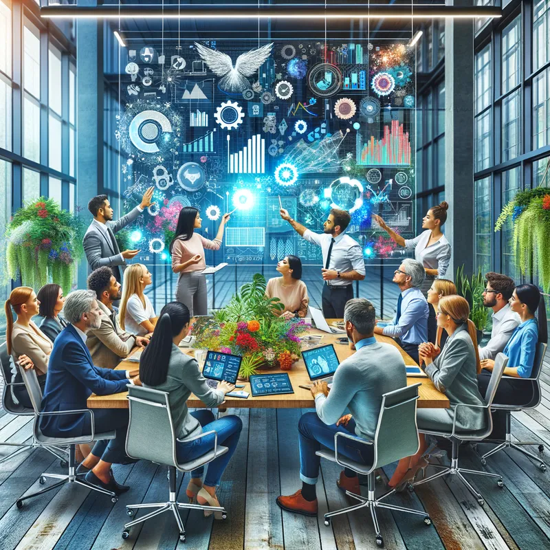 Intergenerational Teamwork - A vibrant team meeting where employees of different generations brainstorm together. Diversity in age is evident, with a mix of gray hairs and youthful exuberance. The office setting is modern, with large windows and plants, and everyone is actively participating, pointing at a shared digital screen displaying graphs and ideas. - AI image generated with Art
