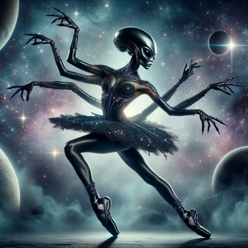 Interstellar Ballerina - A stunning Hispanic ballerina dances in a sleek, black neoprene suit designed to mimic a xenomorph. Her black ballet pointe shoes blend seamlessly with the alien aesthetic, set against a cosmic backdrop with gleaming stars. - AI image generated with Art - Giger