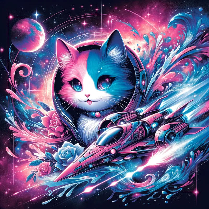 Interstellar Cat Explorer - A charming anime cat, predominantly pink and blue, traveling through the depths of space in a futuristic spaceship, set against a backdrop of breathtaking galactic sights and twinkling stars. - AI image generated with Art - abstract, water splashes, vivid colors