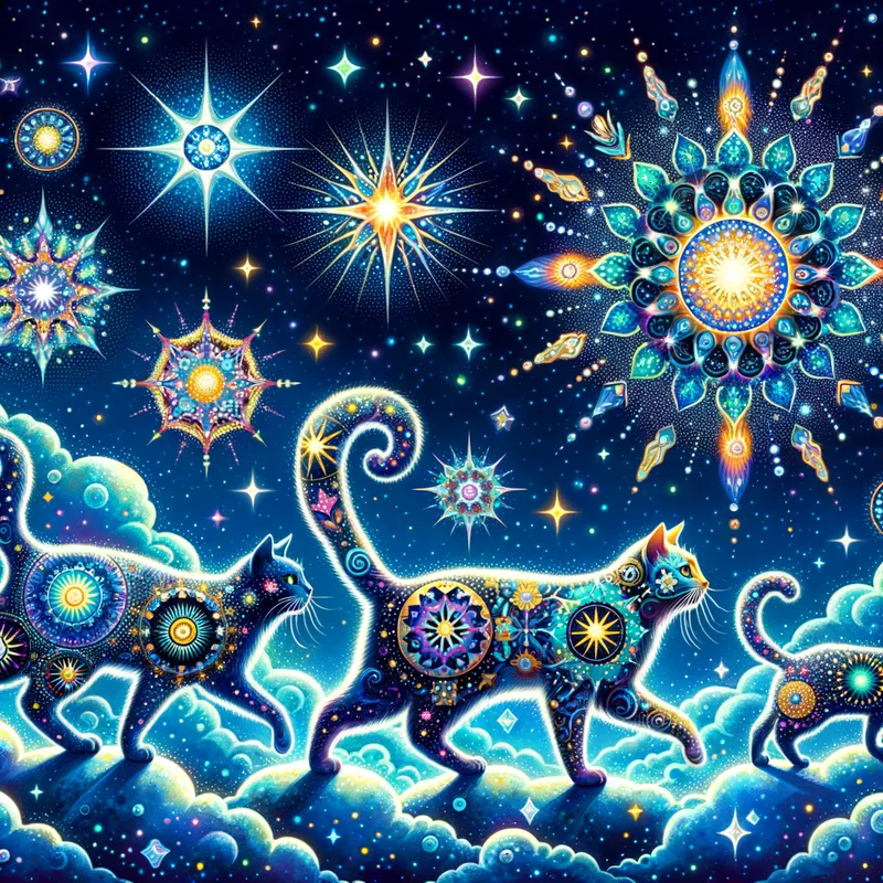 Interstellar Cat Journey - Mystical solar cats embarking on a journey through space, set against a dark blue sky with vibrant star-shaped glitter and glittering diamonds. - AI image generated with Art