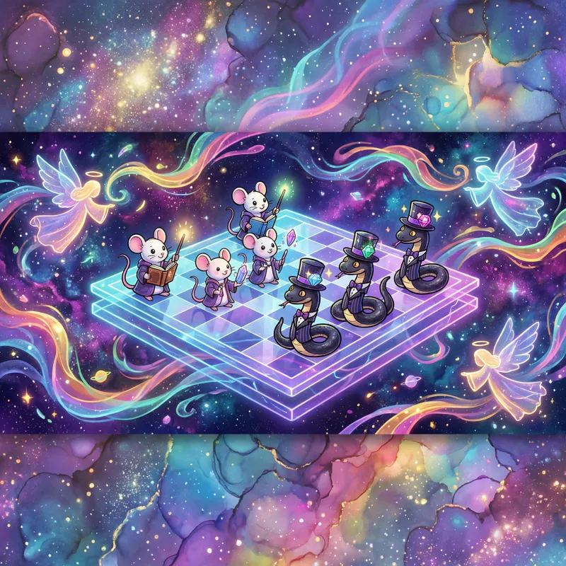 Interstellar Strategy: Mice Outsmart Snakes - A fantastical, space-inspired background with glittering galaxies, colorful energy ribbons, and celestial angels. Dominating the scene is a radiant, floating glass 5D chessboard. On it, white-team mice with books, wands, and crystals cleverly challenge the black-team snakes in posh suits and sparkling jewels. The entire image radiates a cartoonish, playful energy. - AI image generated with 4K Pro - vivid colors, cartoony, alcohol ink