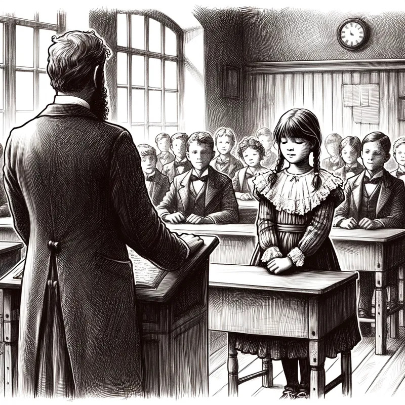Introduction Day - A young girl named Hana stands at the front of a classroom, her eyes cast down to avoid the gaze of her new, unfamiliar classmates while the teacher introduces her. - AI image generated with Art - pencil drawing