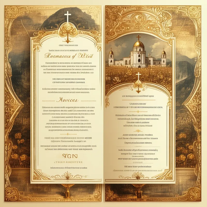 Invitation for Religious Profession Event - A formal and exquisite invitation card for the religious profession of six novices from the Sisters of Saint Augustine. The card features a refined design with gold accents, religious symbols, and an illustrative background of the novitiate in Tokpota. The included text is attractively laid out, ensuring clarity and reverence for the significance of the occasion.