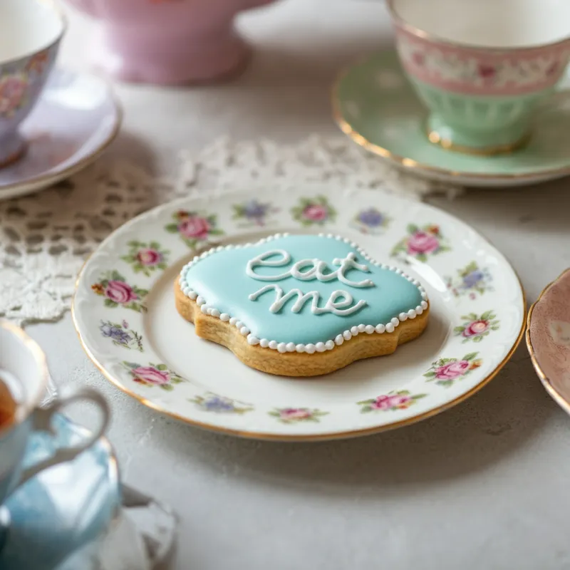 Inviting Wonderland Treat - A close-up, whimsical photo of a frosted cookie with 'eat me' icing, beautifully placed on a vintage porcelain plate with detailed floral patterns. Pastel-colored teacups and a lace tablecloth surround the plate, creating a magical, Alice in Wonderland atmosphere. Soft natural light filters through, enhancing the cookie's texture and vibrant colors, making the scene feel inviting and storybook-like. - AI image generated with Imagen 3 - photorealistic