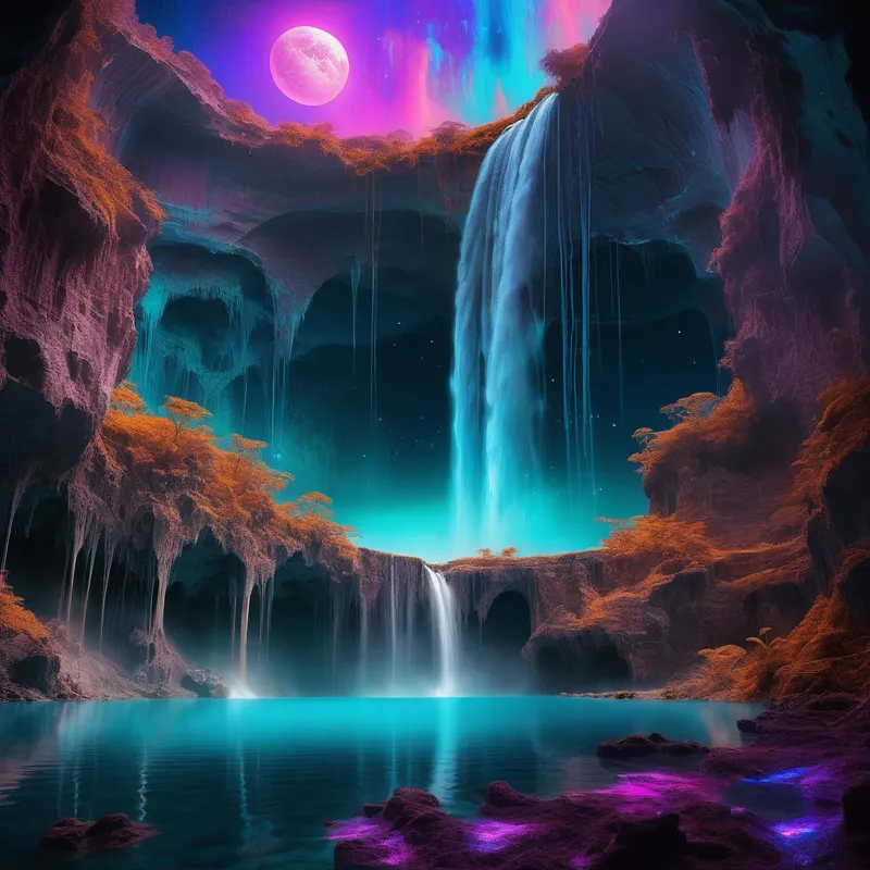 Iridescent Alien Waterfall - A breathtaking waterfall on an alien planet, cascading from towering iridescent cliffs into a glowing bioluminescent lake. The landscape is filled with strange crystalline rock formations, oversized exotic plants, floating mist, and a sky with multiple moons and colorful nebula clouds. The atmosphere feels otherworldly, cinematic, and awe-inspiring, with vivid lighting, rich detail, and a surreal sci-fi fantasy aesthetic. - AI image generated with Photorealistic