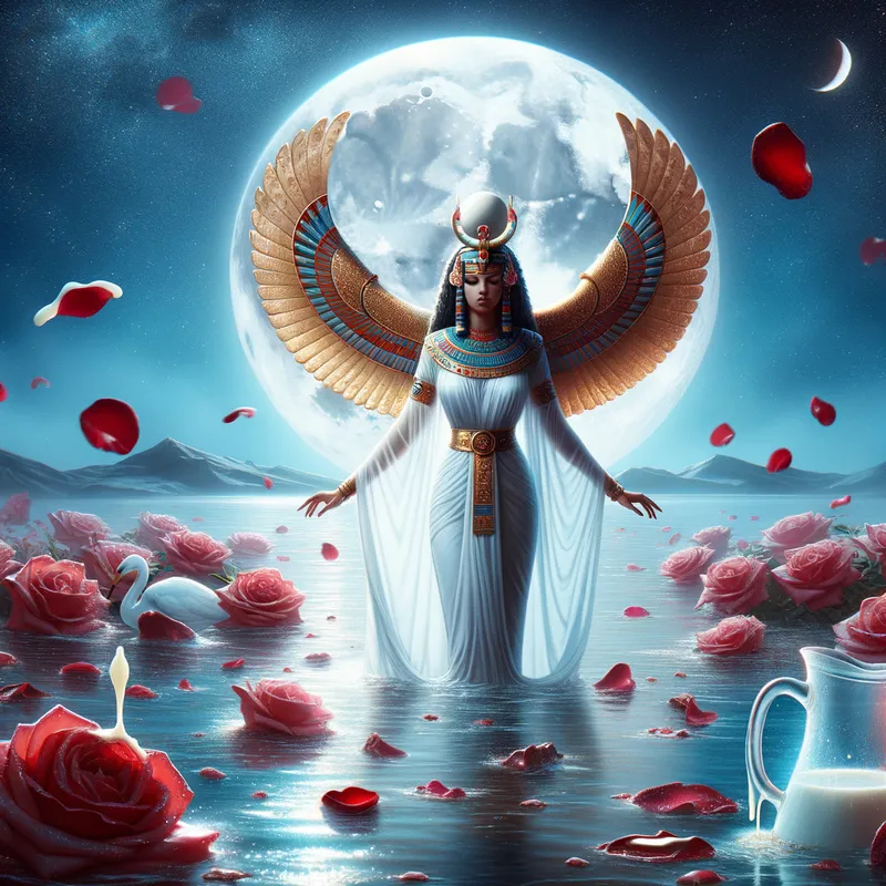 Isis Moonlit Nile Bath - Goddess Isis, dressed in a white tunic, bathing in the Nile River under the light of the full moon, with red rose petals, milk, and honey - AI image generated with Art