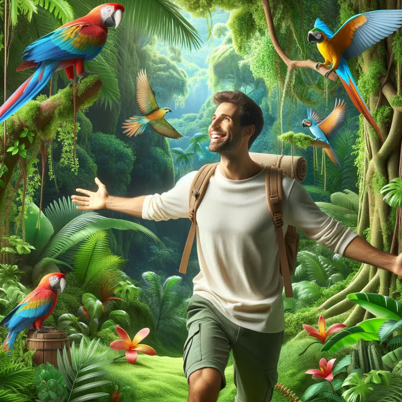 Island Adventure - A joyful man exploring a lush, tropical island, surrounded by exotic birds and thriving plant life, clearly enjoying his peaceful adventure. - AI image generated with Art