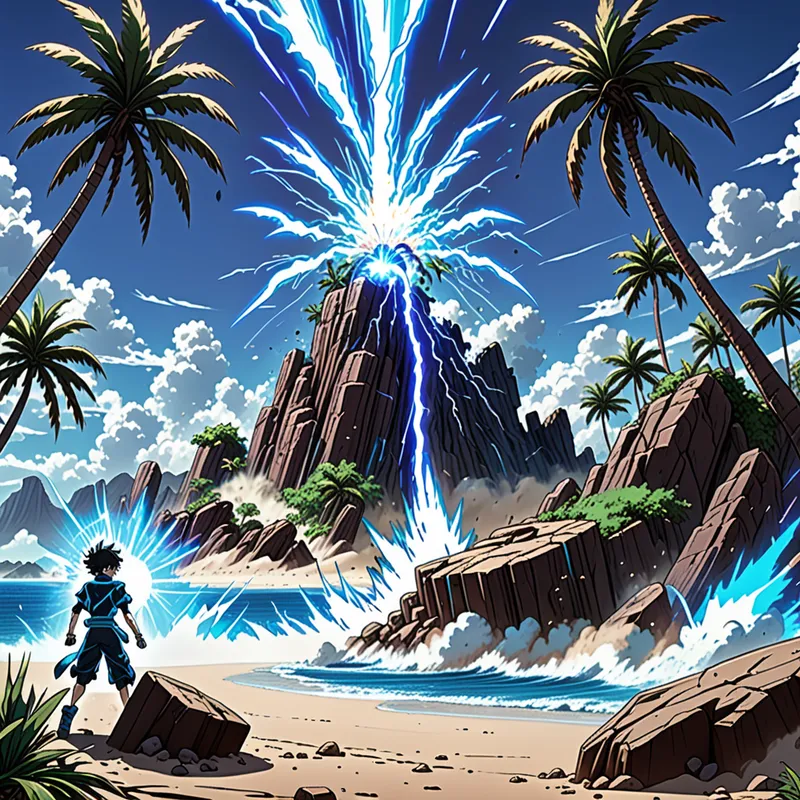 Island of Blue Force - A highly detailed anime-style island scene featuring a concentrated blue energy beam bursting across the landscape, creating a shockwave that casts people away. Palm trees bend from the power, rocks and sand scatter into the air, and the entire scene glows with electric blue highlights. Intense action, cinematic anime visuals, and fantasy energy effects. - AI image generated with Fictional