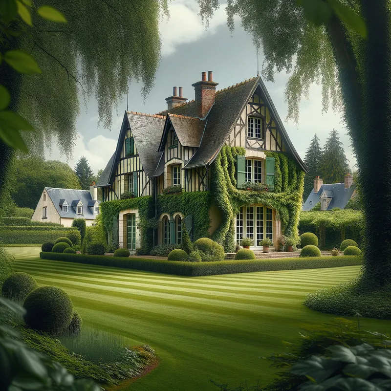 Ivy-Draped Haven - A beautiful expanse of green lawn leading to a distant French country house with charming half-timbered walls partially hidden by ivy, evoking a sense of peace and seclusion. - AI image generated with Art