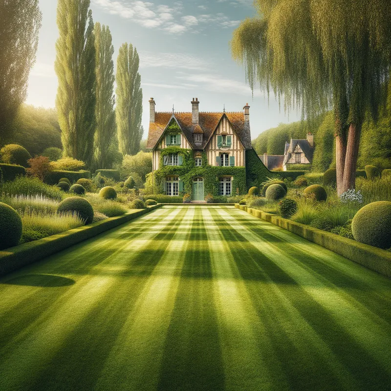 Ivy-Kissed Retreat - A picturesque scene of a green lawn extending towards a distant French country house, distinguished by its ivy-clad half-timbered walls, creating an inviting and harmonious ambiance. - AI image generated with Art