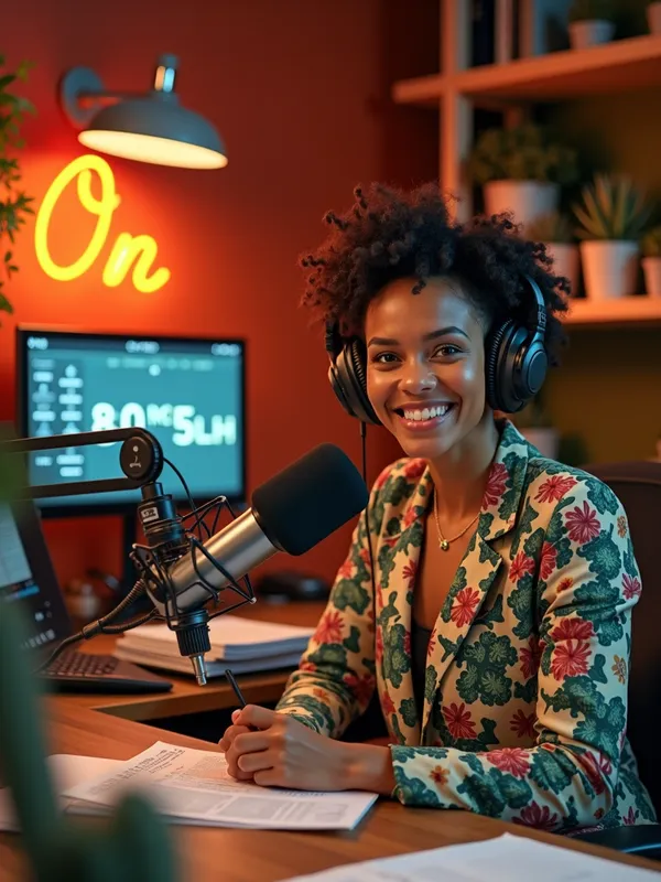 Jackie's Radiant Studio - A cozy, modern radio studio bathed in warm lighting. A cheerful radio host, Jackie Palmer, sits at a desk with a sleek microphone, wearing large headphones. She has a bright smile, short curly hair, and a quirky outfit (perhaps a colorful blazer with plant-themed patterns). Behind her, there’s a glowing "On Air" sign and shelves lined with knick-knacks like miniature succulents, a coffee mug, and a stack of papers. A digital clock on the wall shows the time as late evening. The atmosphere feels lively and welcoming, with a sense of humor in the air. - AI image generated with Photorealistic 2 - surrealismus