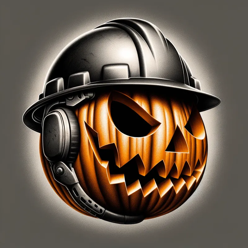 Jack-o-Builder - A detailed depiction of a fusion between a jack-o-lantern and a construction helmet, showcasing the carved pumpkin's eerie expressions covered by a construction hat. - AI image generated with Art