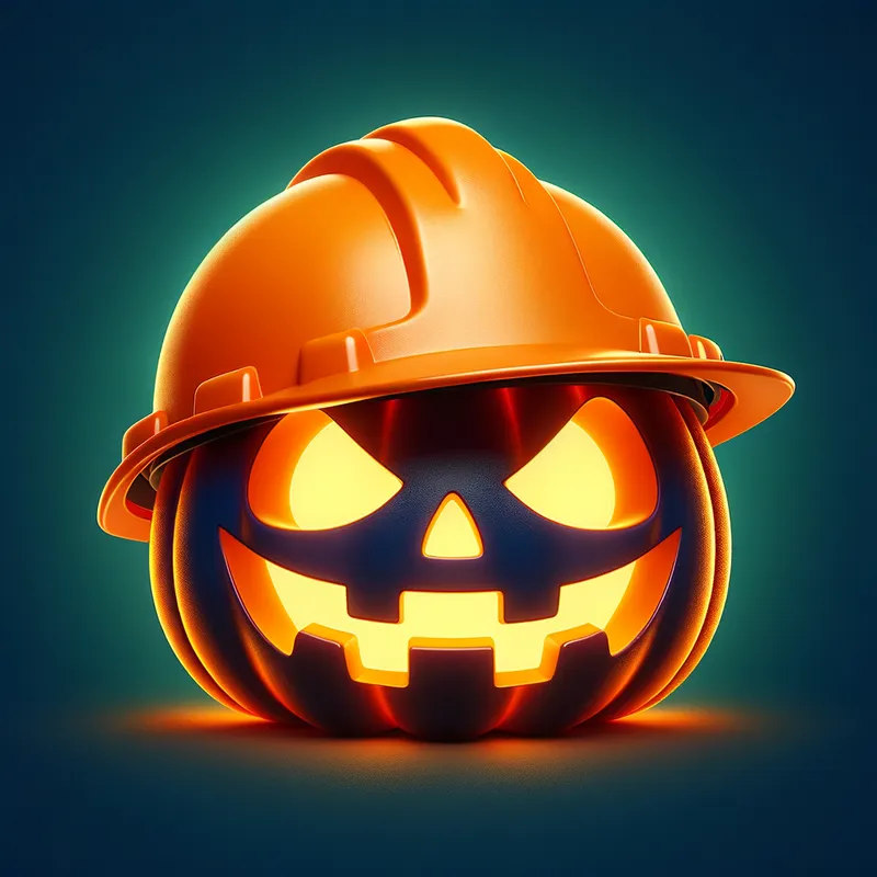 Jack-o-Lantern Construction Hat - A vibrant jack-o-lantern merged seamlessly with an orange construction hat, glowing eyes and a spooky smile peeking out from under the rigid brim. - AI image generated with Art