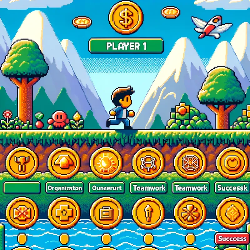 Jacob's 8-bit Journey - ‘Player 1: Jacob’ in an 8-bit game world, surrounded by colorful pixelated landscapes, collecting various coins labeled 'Organization,' 'Teamwork,' and 'Success' throughout his quest. - AI image generated with Art
