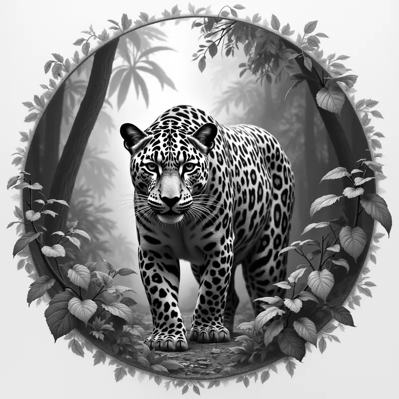 Jaguar in Rainforest Pencil Art - circular grayscale realistic pencil drawing of a jaguar in a rain forest - AI image generated with Photorealistic 2