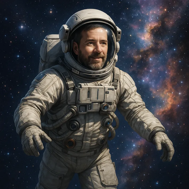 Jason Lemons: Astronaut in Space - A detailed and imaginative image of Jason Lemons as an astronaut, floating in the vast expanse of space. The background features a stunning view of distant galaxies, colorful nebulae, and twinkling stars. Jason's spacesuit is modern and sleek, with a reflective visor showing a glimpse of Earth in the distance. The image captures the awe and wonder of exploring the universe firsthand. - AI image generated with GPT Image