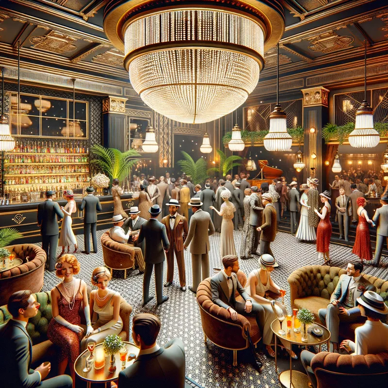 Jazz Age Extravaganza - A grand 1920s night club filled with opulence and flair. Guests in 1920s fashion gather around a central stage where a jazz band performs. The decor includes gold accents, art deco patterns, and luxurious furniture. The bar serves classic cocktails under a canopy of Edison bulbs. - AI image generated with Art
