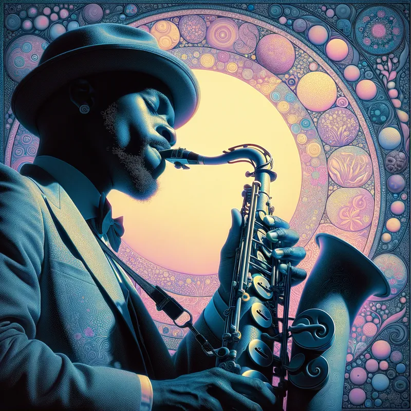 Jazz Sax Klimt - black jazz saxophonoist , klimt style - AI image generated with Art - early spring pastel pallette, Claude Monet, infrared photography