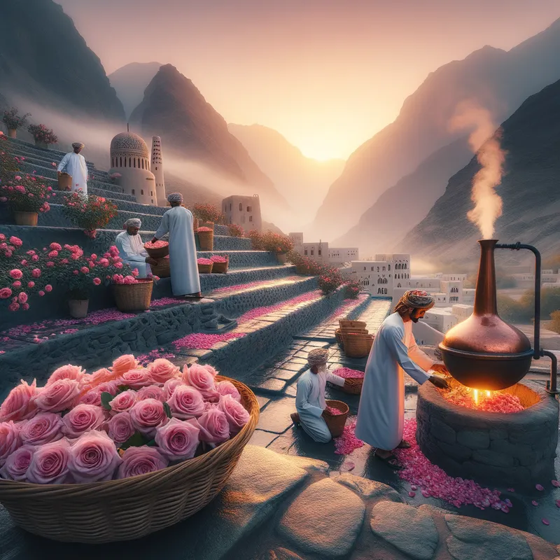 Jebel Akhdar Rosewater Distillation - Dawn in Jebel Akhdar terraces: Omani villagers processing fresh pink Damask roses—copper alembic still over coals, steam rising, baskets brimming with petals, stone terraces and mountain backdrop, soft pastel sunrise, traditional garments, calm atmosphere; 35mm lens, soft focus background, high-resolution, natural color grading. - AI image generated with Art