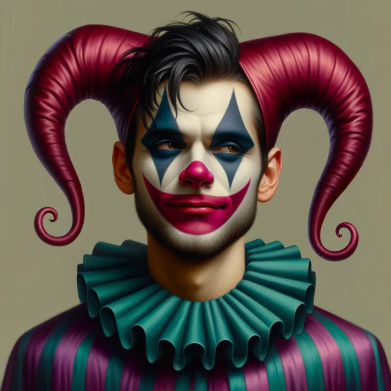 Jester's Whimsy - male, jester, no hate, maroon pink small horns, pointy ears, dark purple and teal striped attire, black hair, clown make up, smirking - AI image generated with Art - oil art