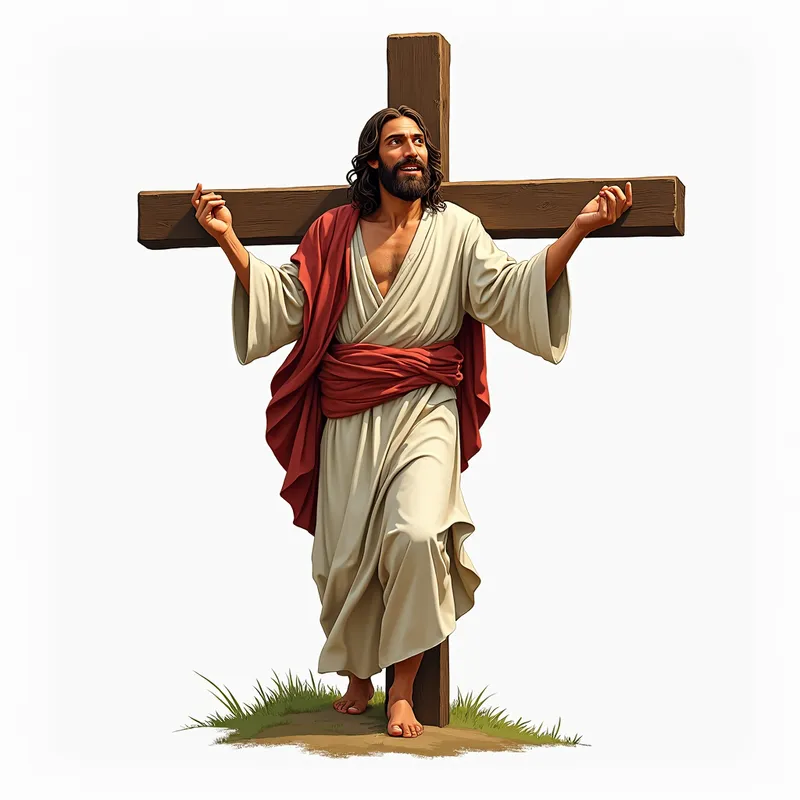 Jesus Carrying Cross T-Shirt Design - A detailed illustration of Jesus carrying a cross, with a serene and compassionate expression, set against a plain white background. The design should be suitable for printing on a T-shirt, capturing the essence of faith and devotion. - AI image generated with Photorealistic 2