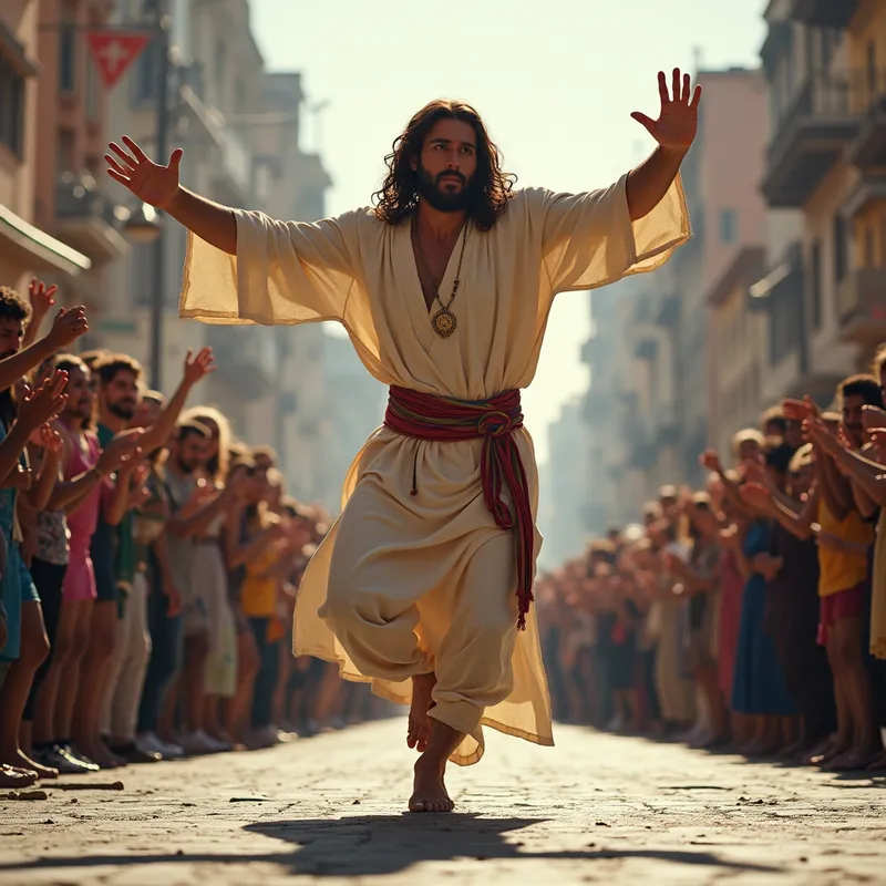 Jesus Christ Breakdancing in Urban Crowd - Jesus Christ breakdancing on a street, surrounded by a diverse crowd cheering him on, vibrant urban background, dynamic pose, modern clothing with subtle traditional elements, photorealistic style. - AI image generated with Photorealistic 2