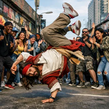 Jesus Christ Breakdancing in Urban Crowd