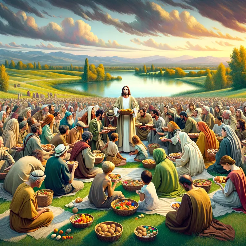 Jesus Feeds 5000: Panoramic Art -  a good thumpnail for my youtube video about " JESUS FEEDS 5000 PEOPLE" - AI image generated with Art - Amedeo Modigliani, point-of-view, high resolution digital art style