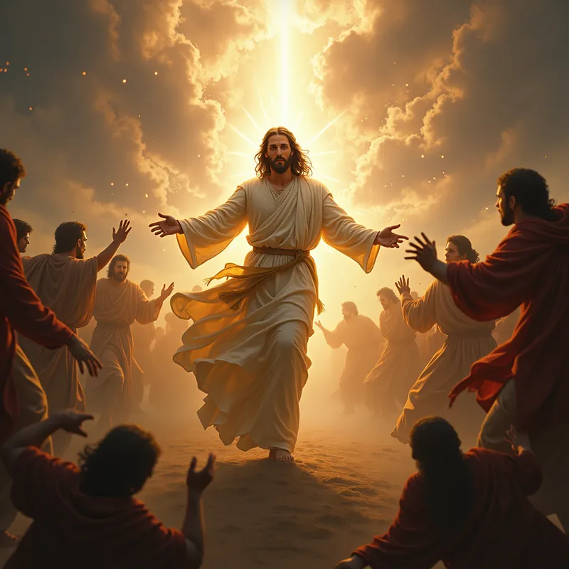Jesus Fighting for the Salvation of Man - A powerful and dramatic scene showing Jesus, surrounded by a radiant light, bravely fighting forces of darkness to save humanity. His expression is one of determination and compassion, symbolizing unwavering love and sacrifice. The background is a celestial battlefield with contrasting elements of light and dark, portraying the eternal struggle between good and evil. Ethereal beings and spiritual elements add depth to the scene, emphasizing the divine nature of the battle for man's salvation. - AI image generated with Photorealistic 2