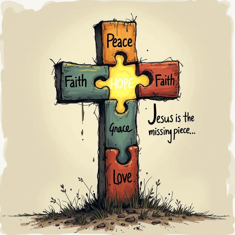 Jesus: The Glowing Puzzle Piece - A depiction of a cross assembled from puzzle pieces labeled 'Peace', 'Hope', 'Faith', 'Grace', 'Love', in a rough and realistic manner. The 'Jesus' piece is glowing and detached from the cross. Beneath, 'Jesus is the missing piece' is written in bold, artistic handwriting. - AI image generated with Photorealistic 2